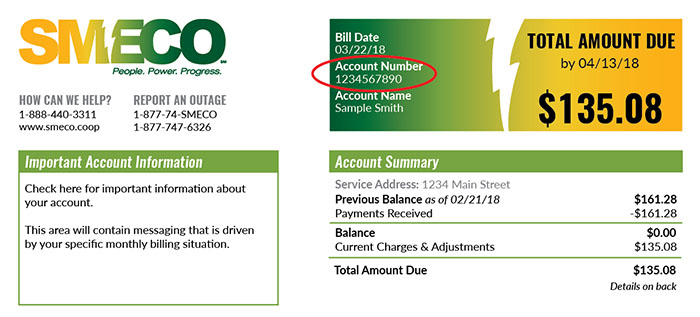 Account number is in top left corner of your SMECO bill
